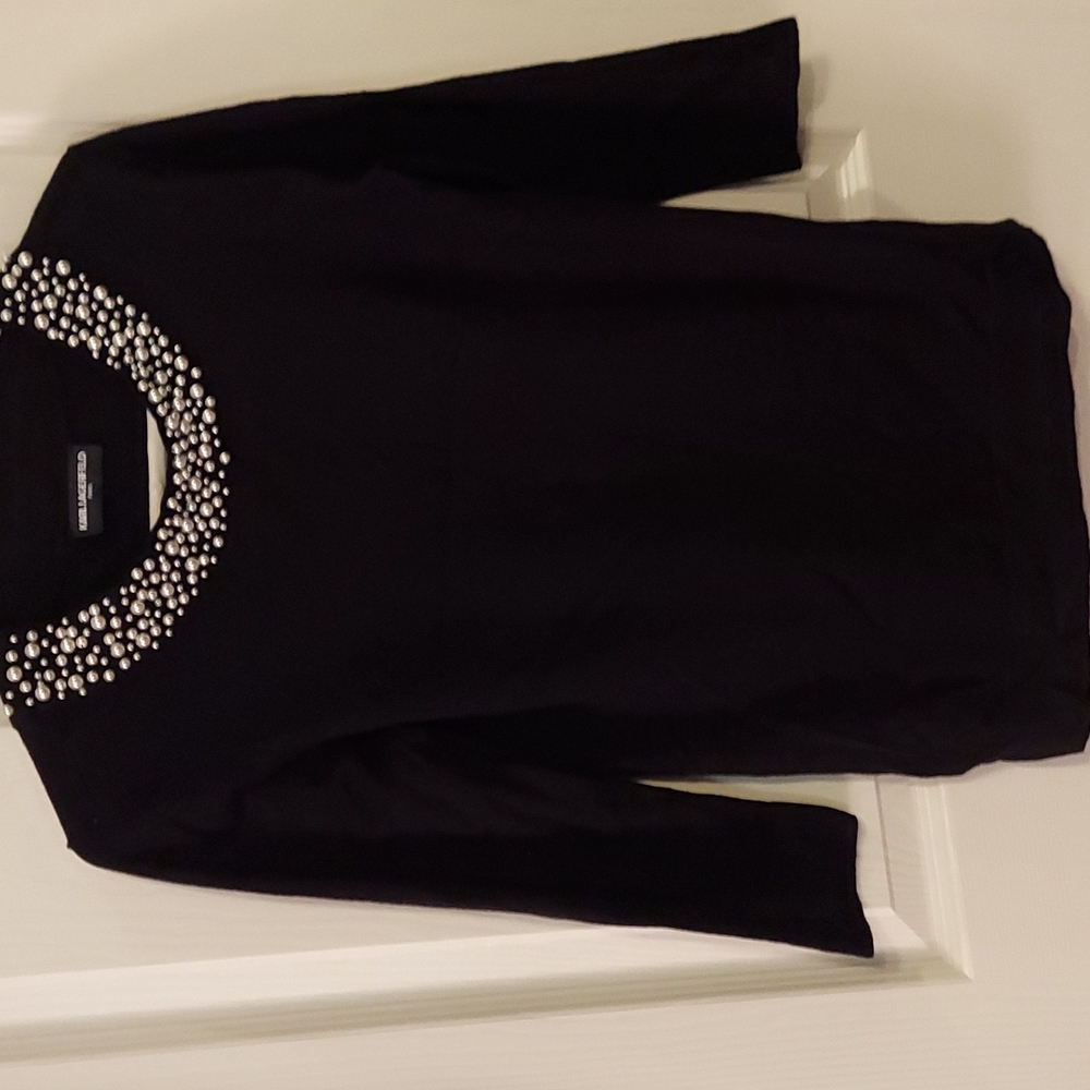 KARL LAGERFELD PARIS faux pearl neckline 3/4 sleeve sweater